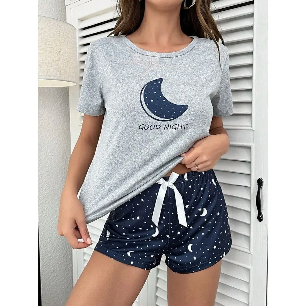 Moon Print Two Piece Soft Pajama Set